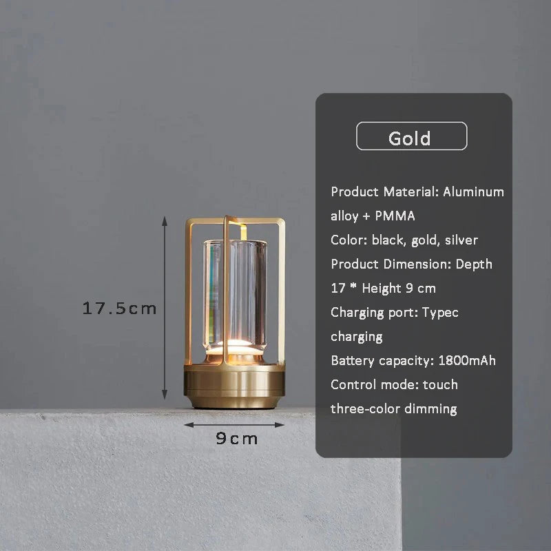 Lampe LED tactile rechargeable en alliage d'aluminium et cristal, idéale pour une table, un restaurant, une ambiance nocturne ou un camping